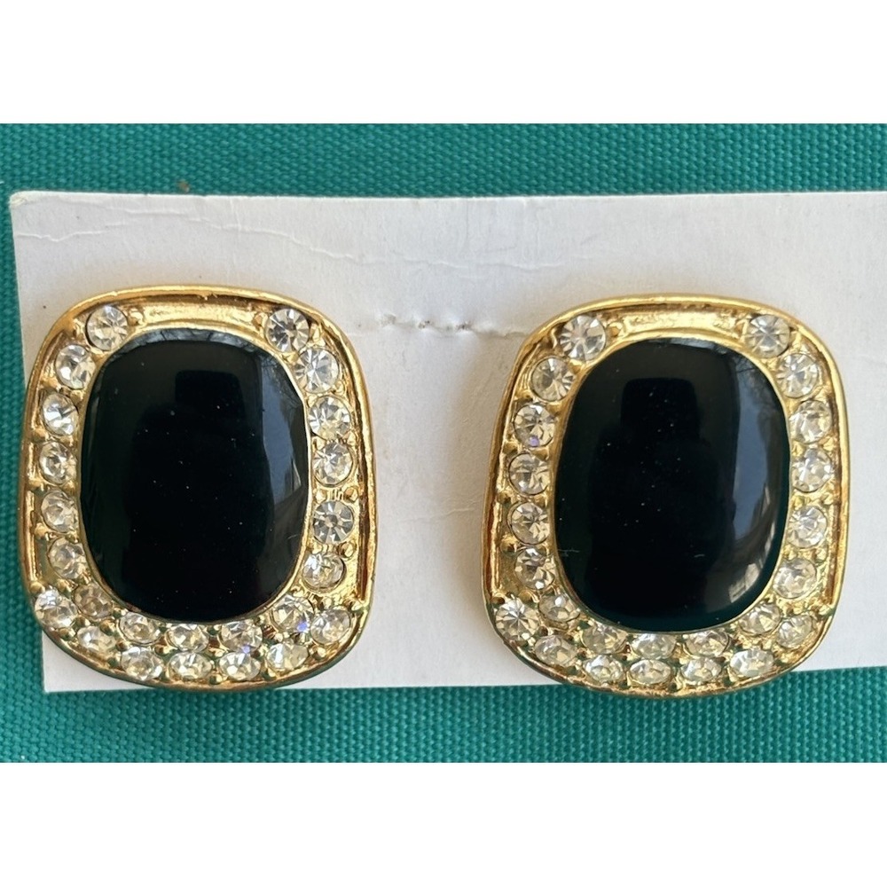 Rhinestone Post Earrings 3/4" Elegant Black & Clear W/Rhinestones Gold Tone